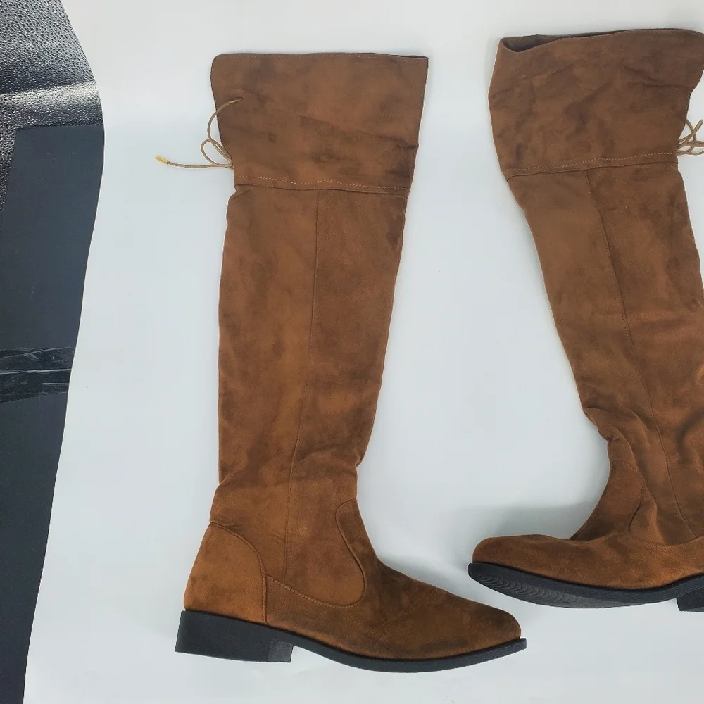 Qupid Over The Knee Boots OTK Brown Camel Faux Suede Flat Thigh High W 10 Shoes